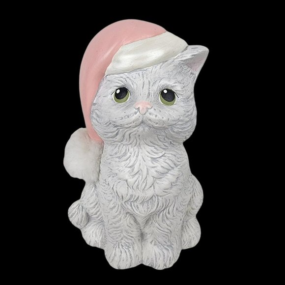 Hand Crafted Other - Vintage Christmas Santa Hat 8.5" Cat Kitten Kitty Ceramic Statuette Gray Cottage